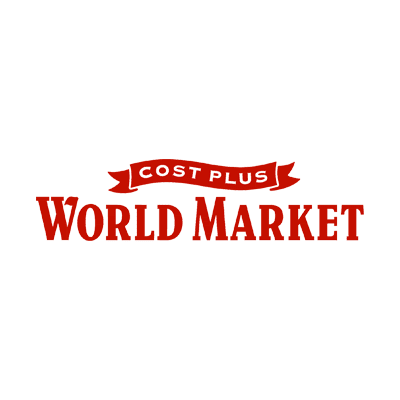 A green background with the words cost plus world market in red.