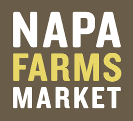 A brown square with the words napa farms market in white.